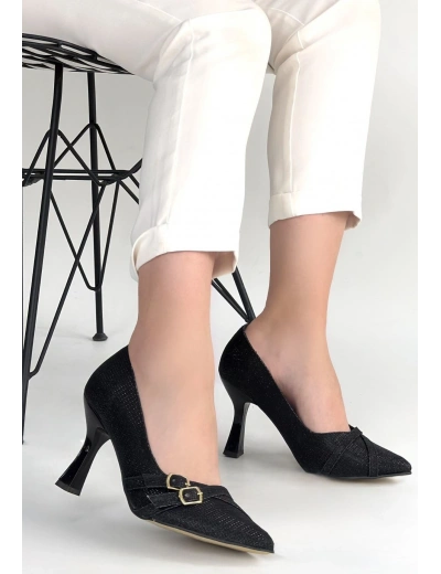 Wenda Siyah Simli Cilt Topuklu Ayakkabı