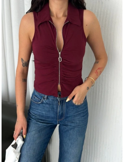 Yakalı Tam Fermuarlı Kolsuz Bluz - Bordo