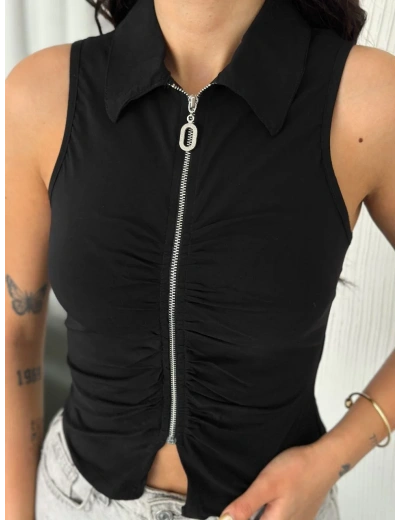 Yakalı Tam Fermuarlı Kolsuz Bluz - Siyah