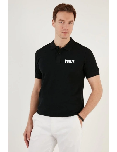 Yakası Düğmeli Yakalı Pike Baskılı T-Shirt - Siyah