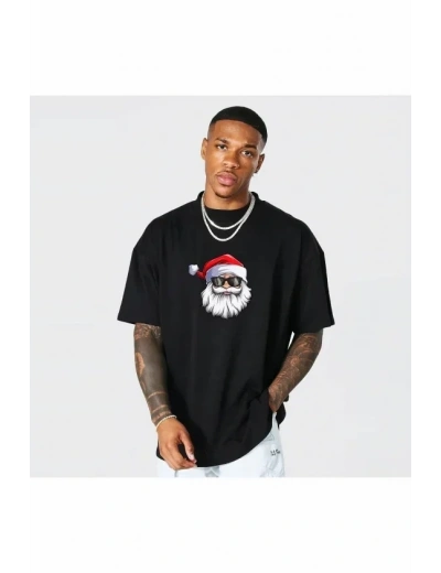 Yılbaşı Gözlüklü Noel Baba Baskılı Kısa Kollu Oversize Bisiklet Yaka T-shirt - Siyah
