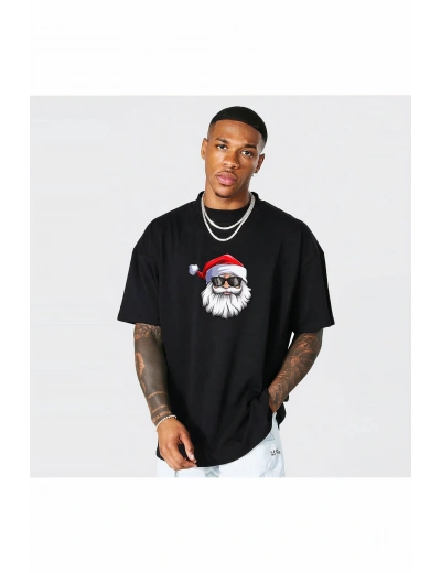 Yılbaşı Gözlüklü Noel Baba Baskılı Kısa Kollu Oversize Bisiklet Yaka T-shirt - Siyah