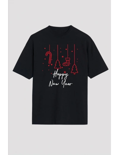 Yılbaşı Happy New Year Baskılı Kısa Kollu Oversize Bisiklet Yaka T-shirt - Siyah