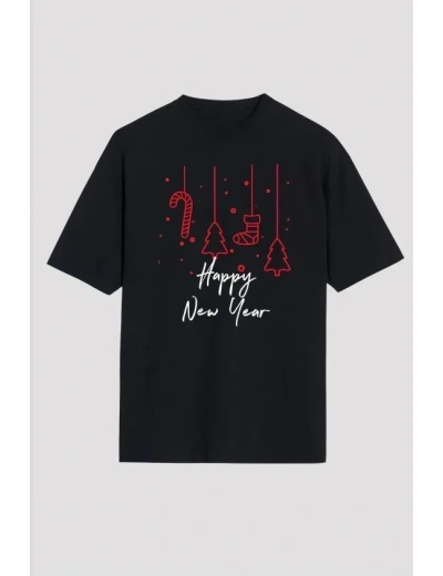 Yılbaşı Happy New Year Baskılı Kısa Kollu Oversize Bisiklet Yaka T-shirt - Siyah