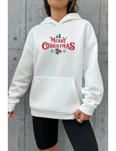 Yılbaşı Merry Christmas Baskılı Oversize Kapüşonlu Sweatshirt Hoodie - Beyaz