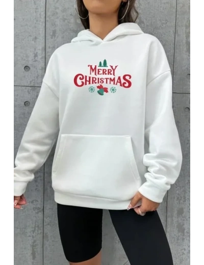 Yılbaşı Merry Christmas Baskılı Oversize Kapüşonlu Sweatshirt Hoodie - Beyaz