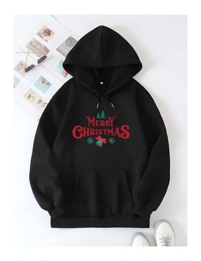 Yılbaşı Merry Christmas Baskılı Oversize Kapüşonlu Sweatshirt Hoodie - Siyah