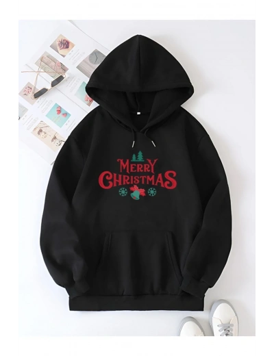 Yılbaşı Merry Christmas Baskılı Oversize Kapüşonlu Sweatshirt Hoodie - Siyah