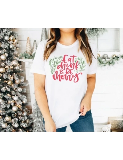 Yılbaşı Noel Baskılı Kısa Kollu Oversize Bisiklet Yaka T-shirt - Beyaz