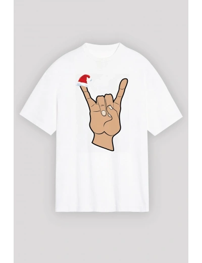Yılbaşı Noel Başlıklı Serçe Parmak Baskılı Oversize Bisiklet Yaka T-shirt - Beyaz