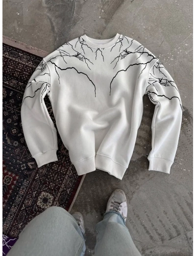 Erkek Yıldırım Baskılı Bisiklet Yaka SweatShirt - Beyaz