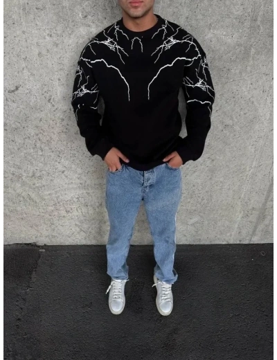 Yıldırım Baskılı Bisiklet Yaka SweatShirt - Siyah