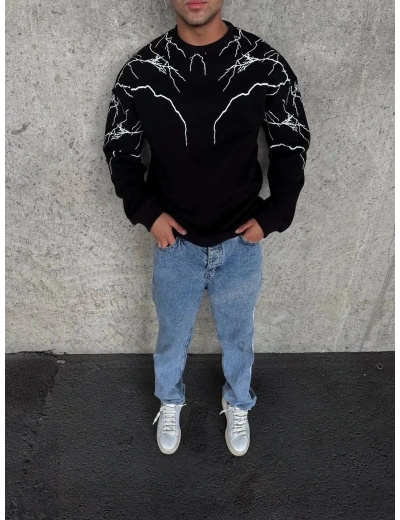 Yıldırım Baskılı Bisiklet Yaka SweatShirt - Siyah