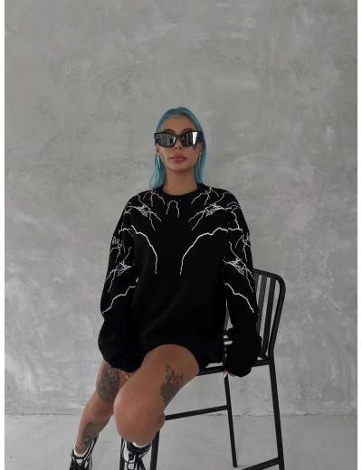 Kadın Yıldırım Baskılı Bisiklet Yaka SweatShirt - Siyah