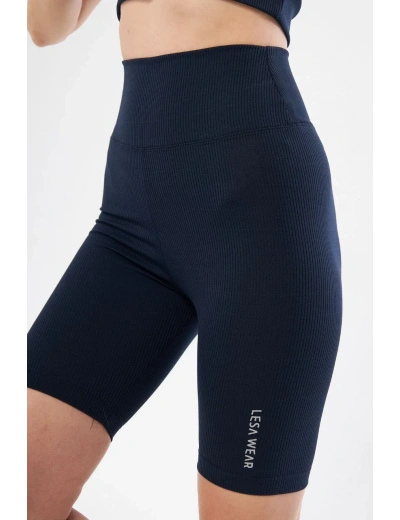 Yüksek Bel Fitilli Biker Baskılı Şort - Lacivert