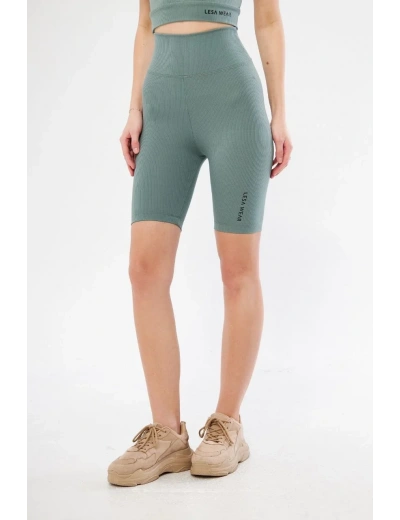 Yüksek Bel Fitilli Biker Baskılı Şort - Mint Yeşili