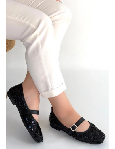 Zaty Siyah Süet Siyah Pullu Babet Ayakkabı