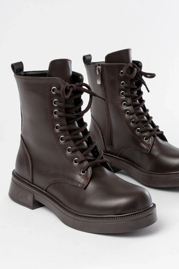 02-356 Kahve Düz Topuklu Bağcıklı Fermuarlı Günlük Kadın Bot