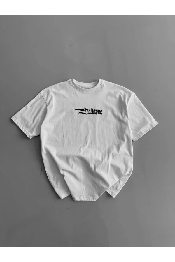 20/1 Penye Compack Baskılı Oversize Bisiklet Yaka Kısa Kol Yazlık T-shirt - Beyaz