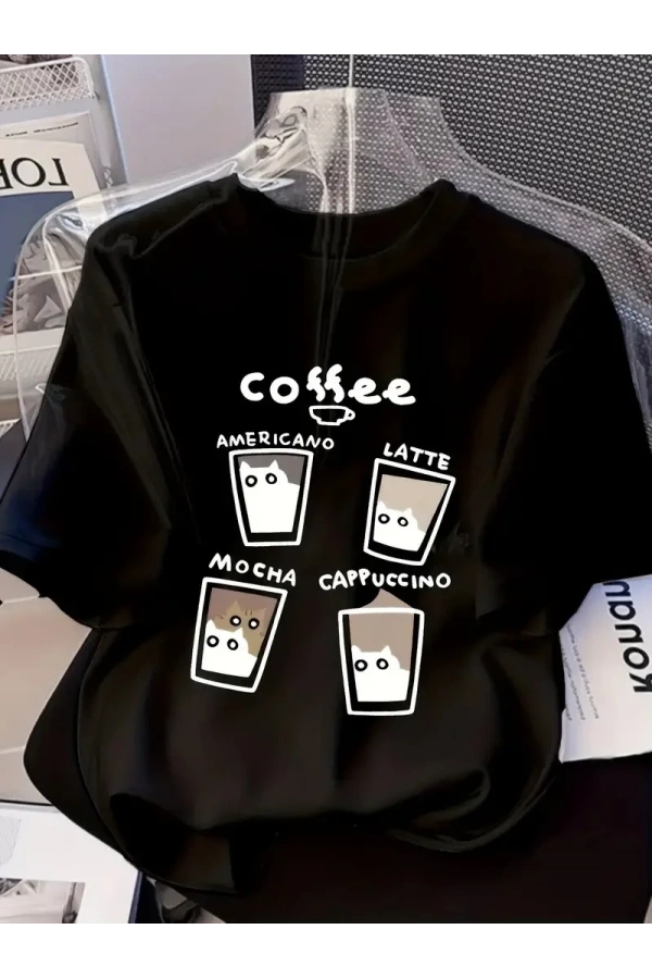 20/1 Penye Compack Baskılı Oversize Bisiklet Yaka Kısa Kol Yazlık T-shirt - Siyah