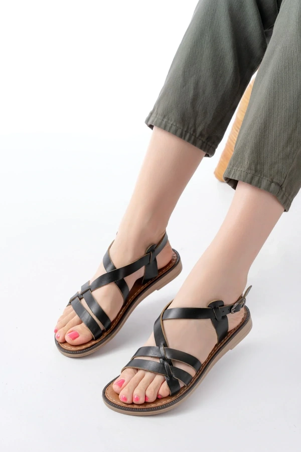 205-05 Siyah Ortopedik Hakiki Deri Kadın Sandalet