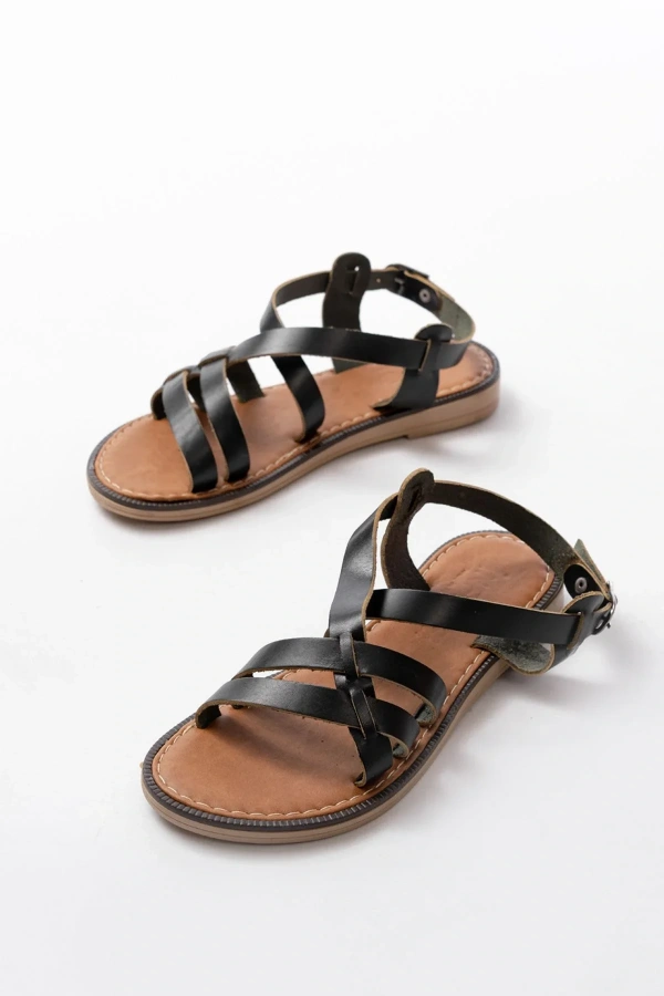 205-05 Siyah Ortopedik Hakiki Deri Kadın Sandalet