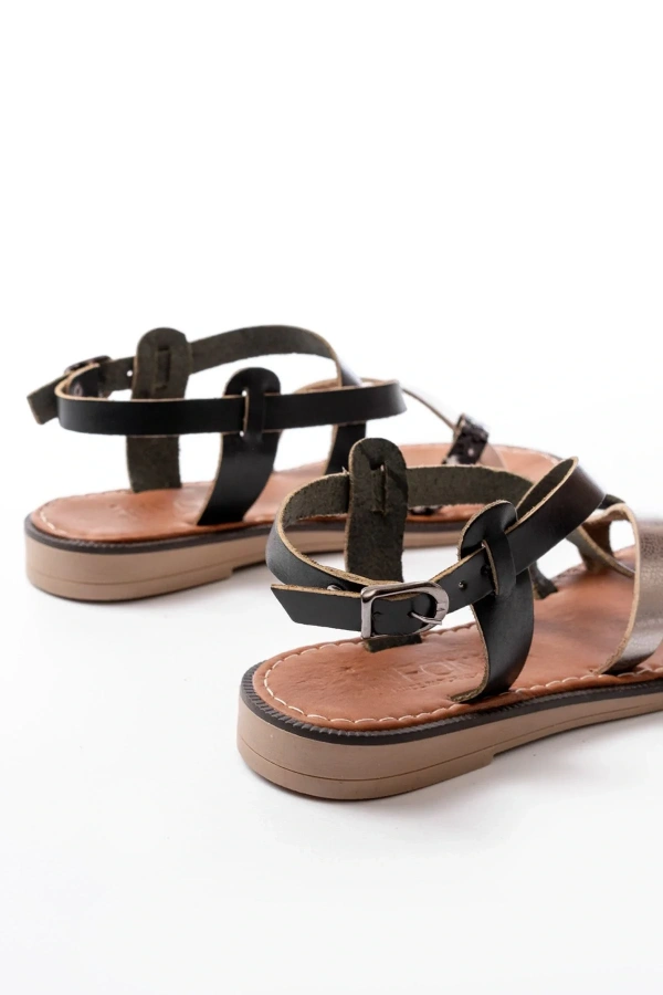 205-08 Siyah Garni  Ortopedik Hakiki Deri Kadın Sandalet