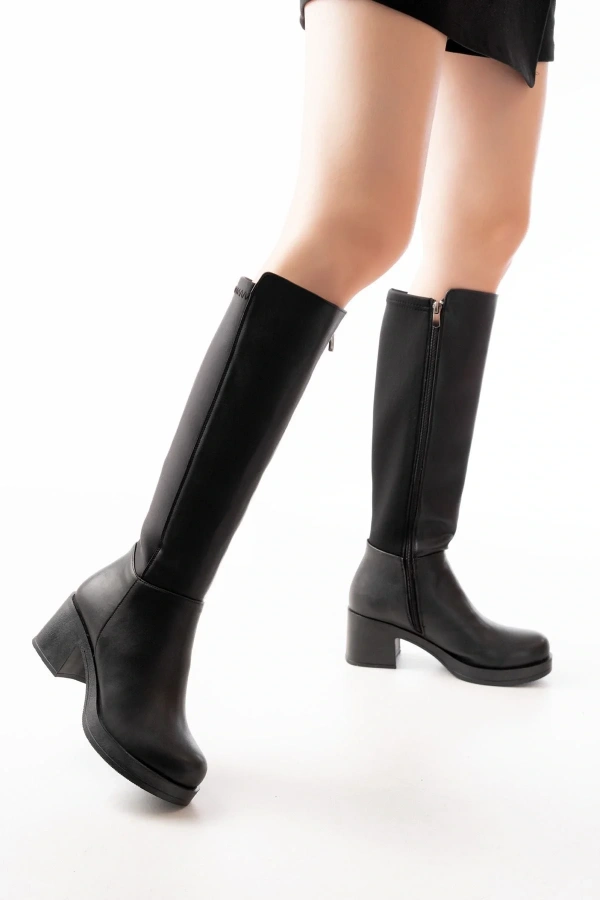 5109-3060 Siyah Topuklu Fermuarlı Günlük Kadın Çizme