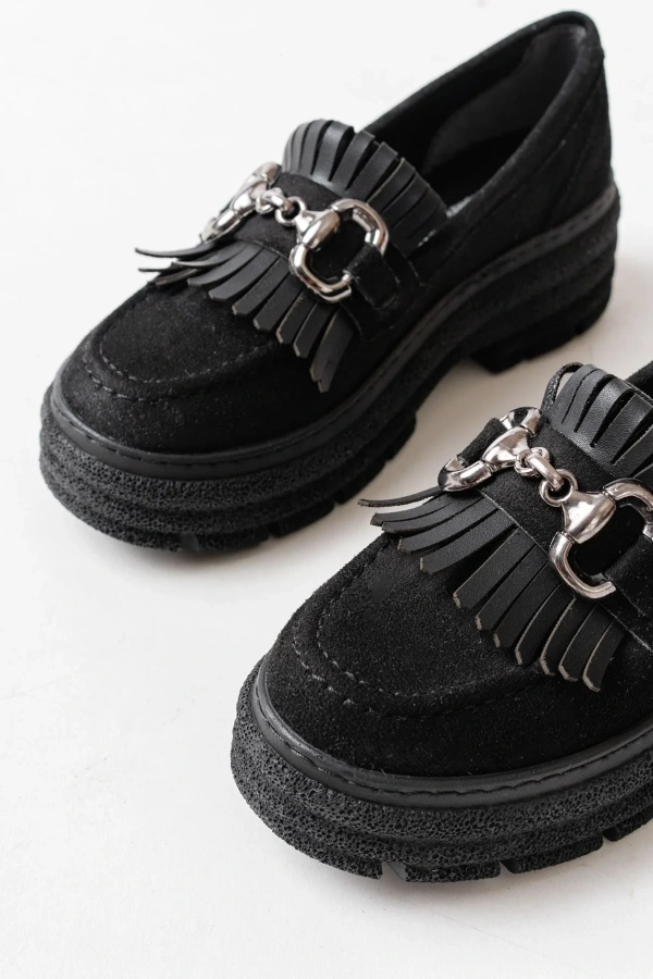 749-750 Siyah Süet Tokalı Günlük Yüksek Tabanlı Loafer Ayakkabı