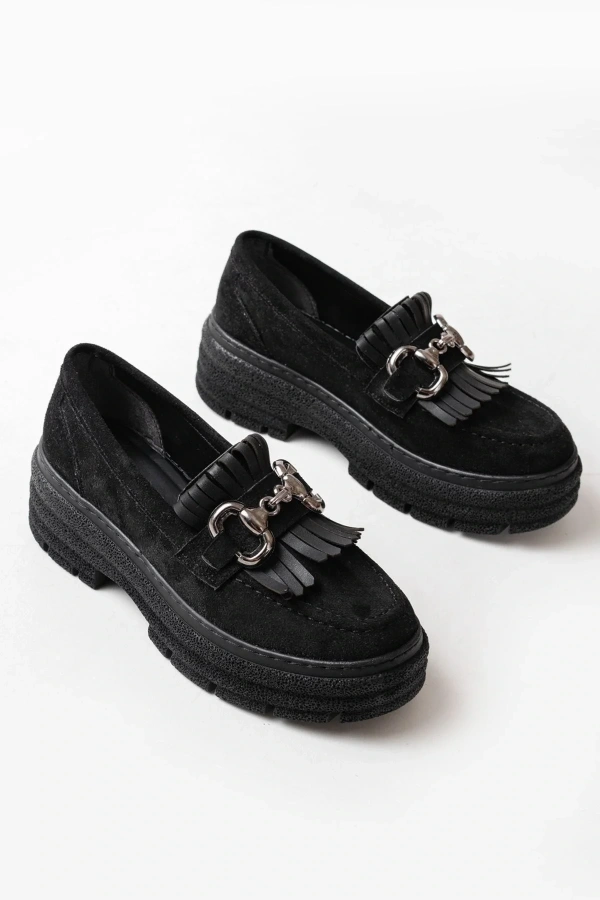 749-750 Siyah Süet Tokalı Günlük Yüksek Tabanlı Loafer Ayakkabı