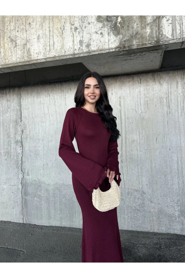 Acık Sırt Detaylı Maxi Uzun Boy Elbise- Bordo