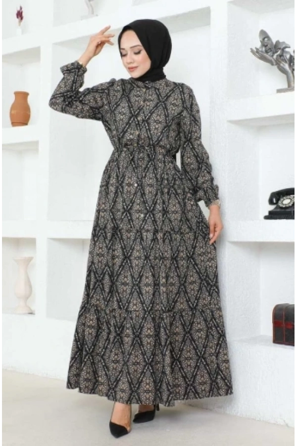 Bağcıklı Desenli Viskon Elbise SİYAH