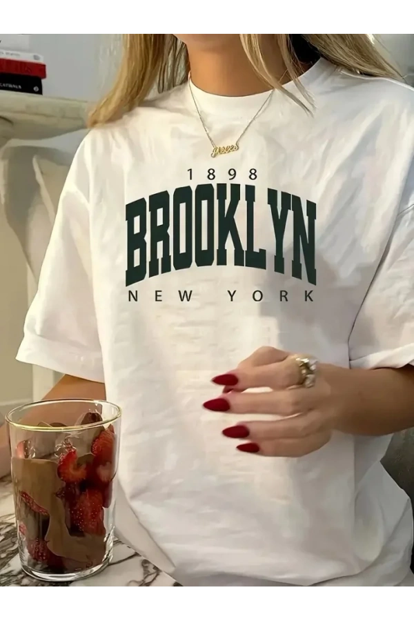 Baskılı Oversize Bisiklet Yaka T-shirt - Beyaz