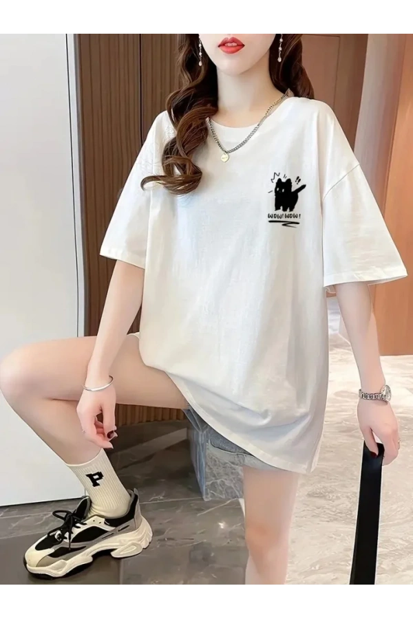 Baskılı Oversize Bisiklet Yaka T-shirt - Beyaz