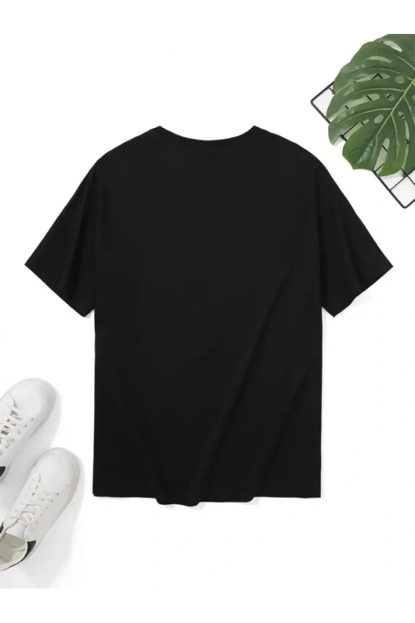 Baskılı Oversize Bisiklet Yaka T-shirt - Siyah