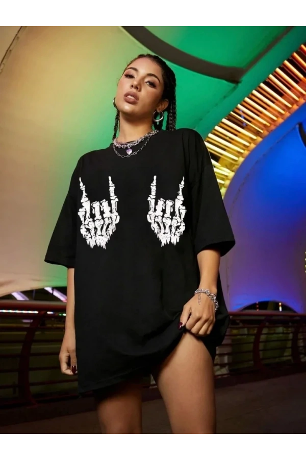 Baskılı Oversize T-shirt - Siyah