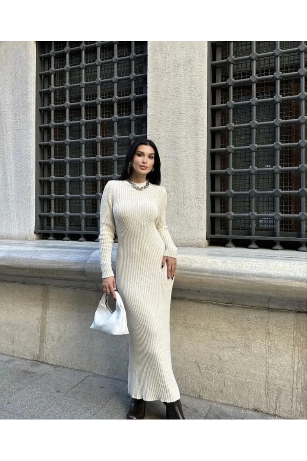 Bisiklet Yaka Fitilli Uzun Elbise - Beyaz