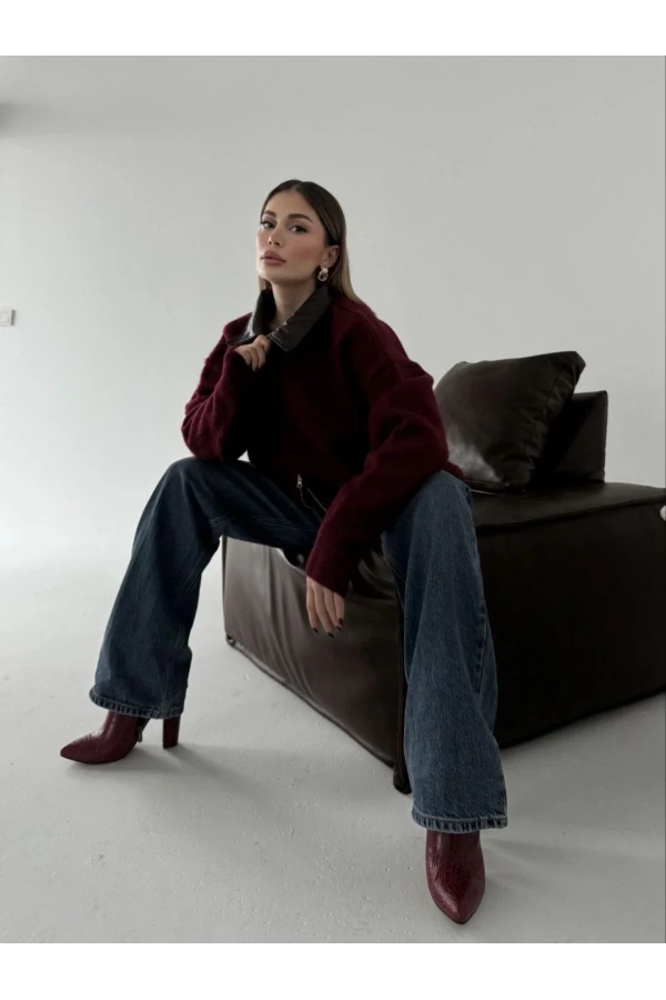 Deri Yakalı Pamuk dokulu Çift Taraflı Çalışan Fermuar Ceket - Bordo