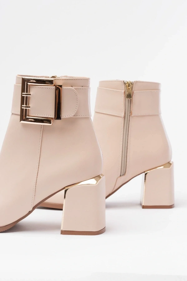 DNZ-400 Bej Toka Aksesuarlı Topuklu Fermuarlı Günlük Kadın Bot