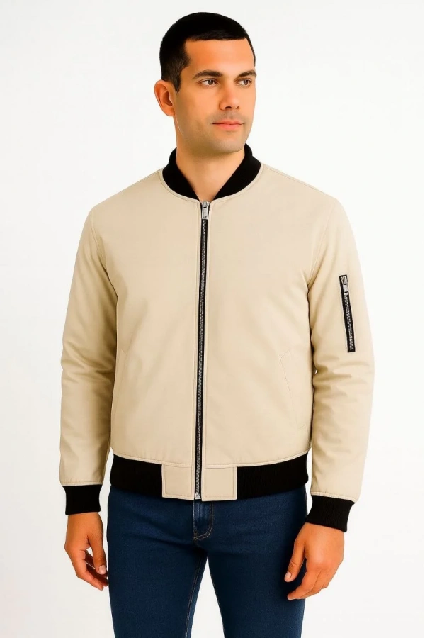 Erkek Bomber Mont Ceket – Fermuarlı, Kapitone İçi Astarlı, Su İtici Kumaş, Regular Fit, Uzun Kollu, Yandan Cepli, Bahar & Kış Rahat Günlük Stil - Bej