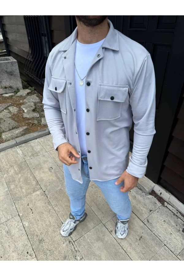 Erkek Diagonal Kumaş Cepli Çıtçıtlı uzun Kollu, Gömlek Oversize Rahat Kalıp Günlük Şık Stil - Gri