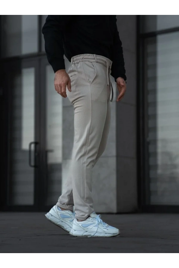 Erkek Diagonel Mikro Dokulu Cepli Pantolon - Bej