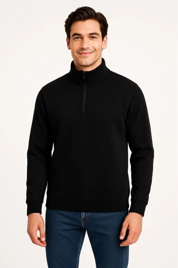 Erkek Dik Yaka Sweatshirt Dik Yaka Yarım Fermuarlı 3 İplik Şardonlu Pamuk Kumaş - Siyah