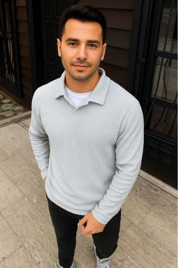 Erkek Fitilli Polar Sweatshirt – Düğmesiz Polo Yaka, Oversize Rahat Kalıp, Kalın Polar Kumaş, Kışlık Ve Baharlık Şık Günlük Üst - Gri