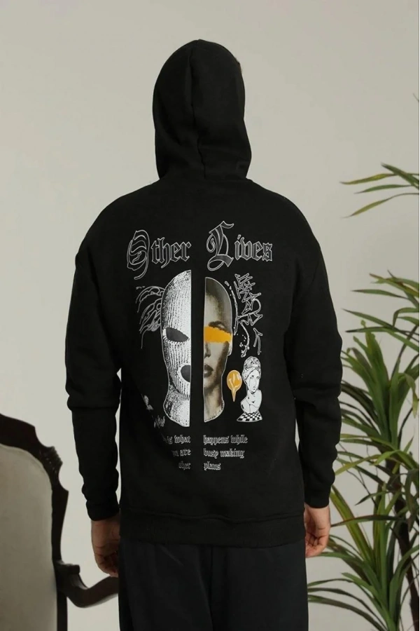 Erkek Kapşonlu Sweatshirt – Oversize Üç İplik Şardonlu Hoodie, “Other Lives” Ön & Arka Baskılı, Kanguru Cepli, Kışlık Rahat Günlük Stil - Siyah