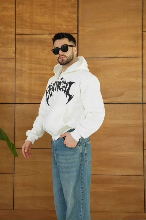 Erkek Kapüşonlu 3 İplik Şardonlu Önü Baskılı Fermuarlı Oversize Sweatshirt - Beyaz