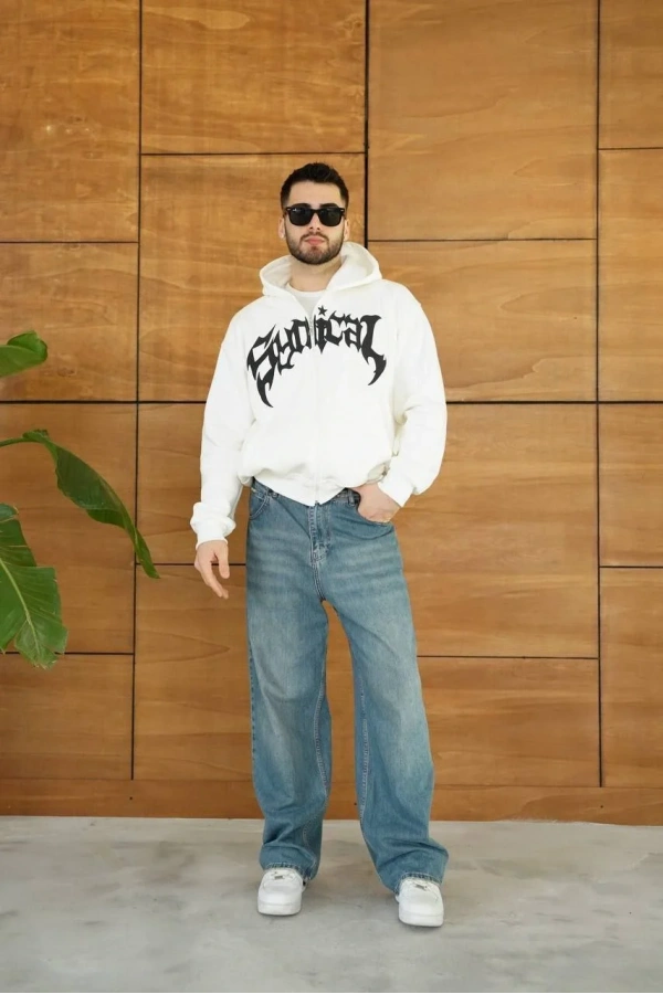 Erkek Kapüşonlu 3 İplik Şardonlu Önü Baskılı Fermuarlı Oversize Sweatshirt - Beyaz