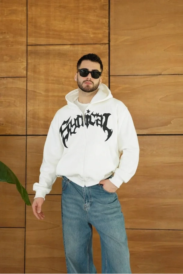 Erkek Kapüşonlu 3 İplik Şardonlu Önü Baskılı Fermuarlı Oversize Sweatshirt - Beyaz