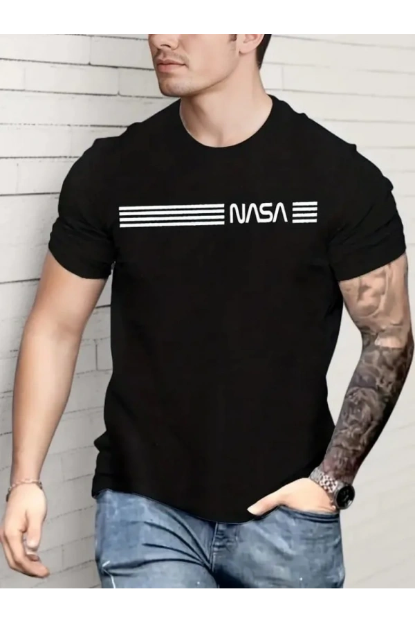 Erkek Kısa Kollu NASA Baskı Bisiklet Yaka T-shirt