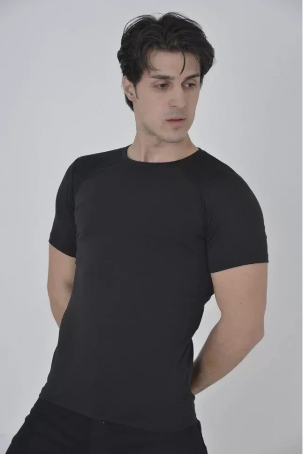 Erkek Omuz Fileli Slim Fit T-shirt - Siyah